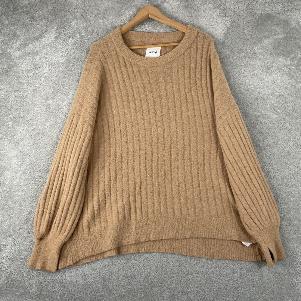 Aerie Sweater Womens Medium Brown Ribbed Knit Oversized Balloon Sleeve Boho